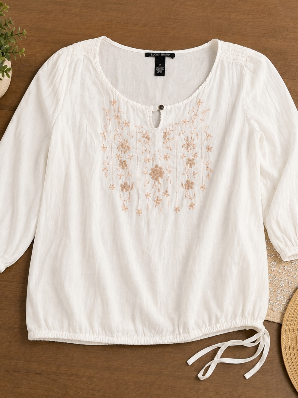 Lucky Brand White Peasant Blouse with Beige Floral Embroidery